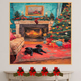 Colorful Vintage Christmas Living Room with Fireplace, Tree, Gifts, and Black Puppies on a Red Rug, Festive Cozy Holiday Scene with Classic Charm on Ready to Hang 1.5" Thick Canvas Wrap, Floating Framed Canvas, Flat Rolled Canvas